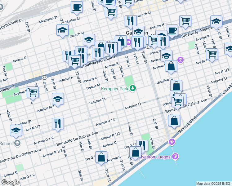 map of restaurants, bars, coffee shops, grocery stores, and more near 3018 Ursuline Street in Galveston