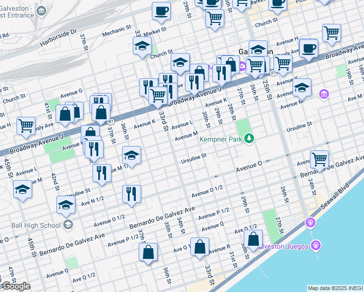 map of restaurants, bars, coffee shops, grocery stores, and more near 3206 Avenue M 1/2 in Galveston
