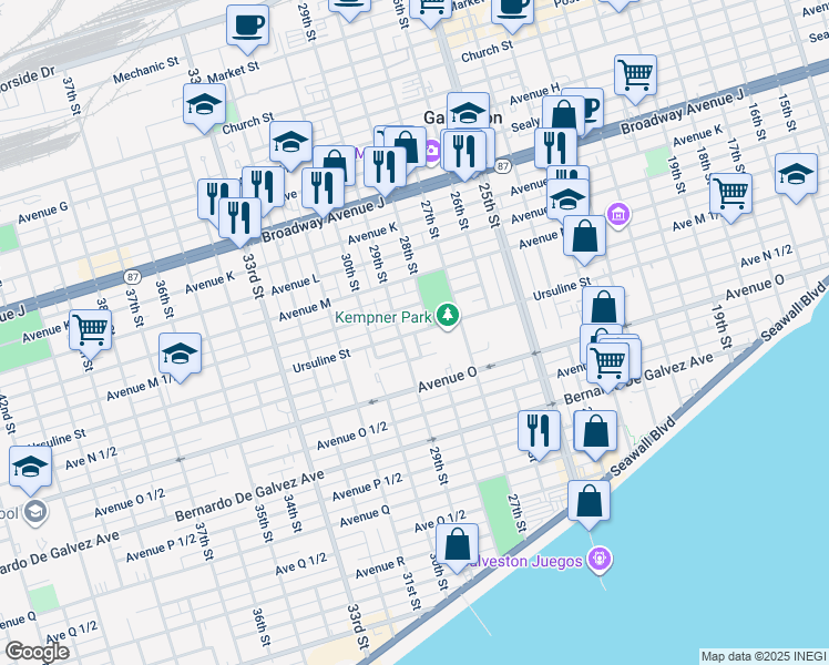 map of restaurants, bars, coffee shops, grocery stores, and more near 2814 Avenue N in Galveston