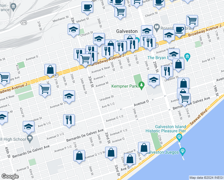 map of restaurants, bars, coffee shops, grocery stores, and more near 1402 31st Street in Galveston