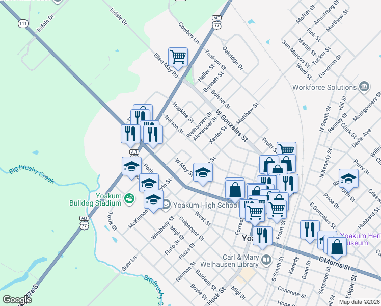 map of restaurants, bars, coffee shops, grocery stores, and more near 204 Walter Street in Yoakum