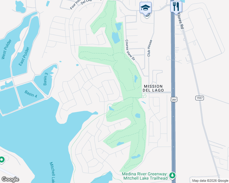 map of restaurants, bars, coffee shops, grocery stores, and more near 1250 Mission Grande in San Antonio