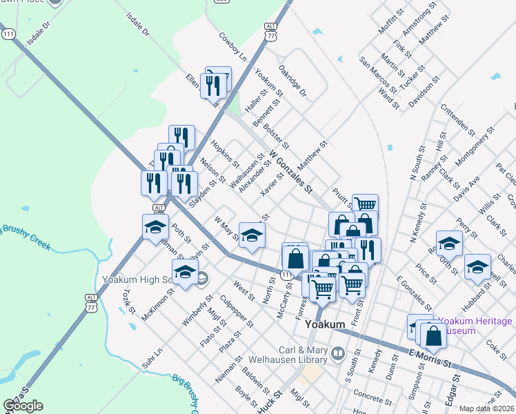 map of restaurants, bars, coffee shops, grocery stores, and more near 408 Cecilia Street in Yoakum