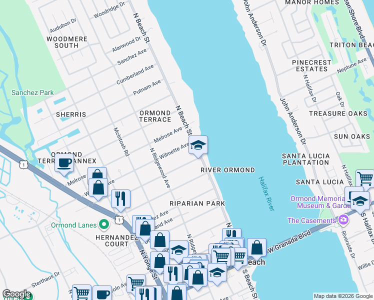 map of restaurants, bars, coffee shops, grocery stores, and more near 23 Kenilworth Avenue in Ormond Beach