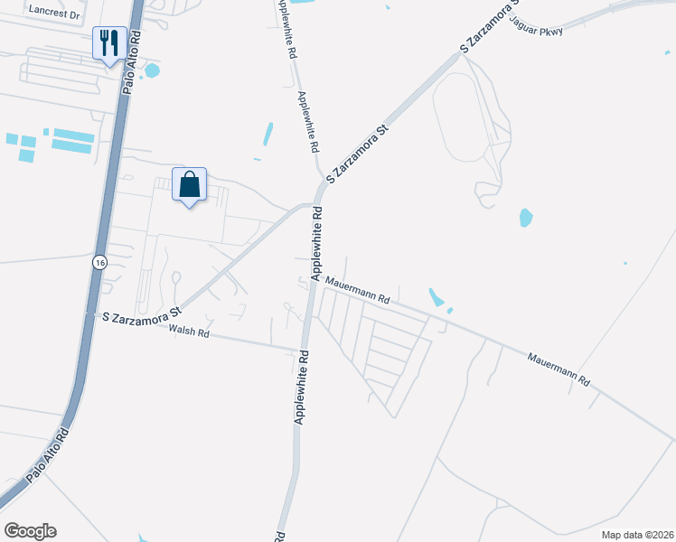 map of restaurants, bars, coffee shops, grocery stores, and more near 12634 Applewhite Road in San Antonio