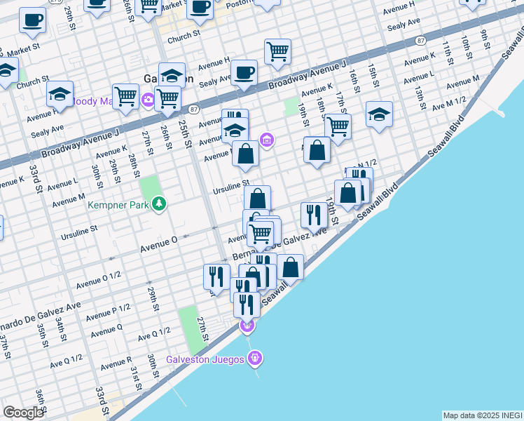 map of restaurants, bars, coffee shops, grocery stores, and more near 1710 23rd Street in Galveston