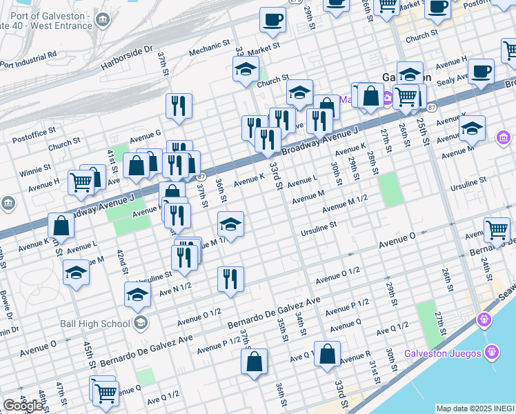 map of restaurants, bars, coffee shops, grocery stores, and more near 1312 35th Street in Galveston