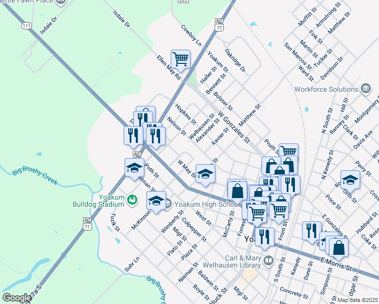 map of restaurants, bars, coffee shops, grocery stores, and more near 204 Walter Street in Yoakum