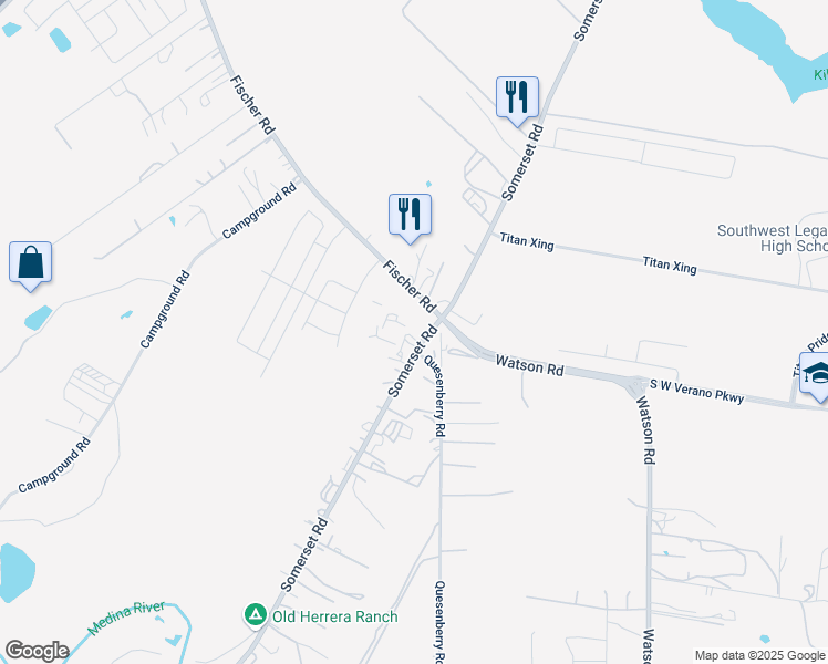 map of restaurants, bars, coffee shops, grocery stores, and more near 13125 Somerset Road in Von Ormy
