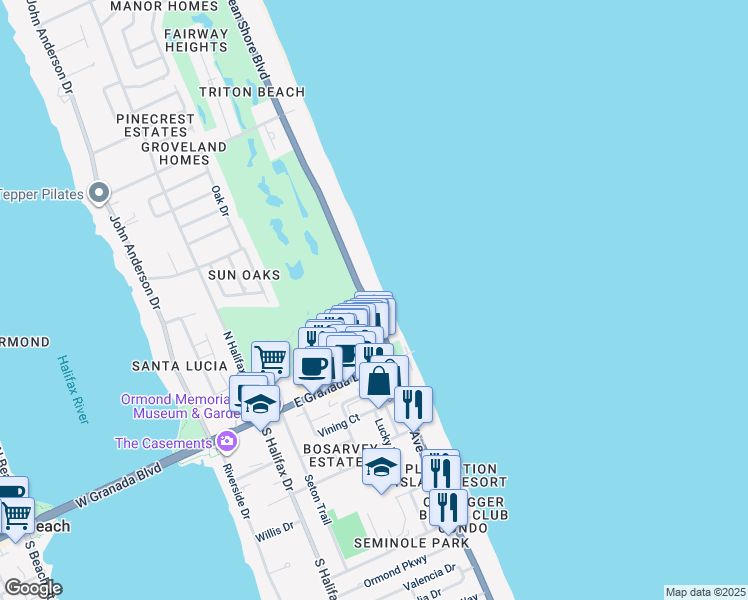 map of restaurants, bars, coffee shops, grocery stores, and more near 89 North Atlantic Avenue in Ormond Beach