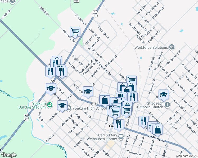 map of restaurants, bars, coffee shops, grocery stores, and more near 114 Xavier Street in Yoakum