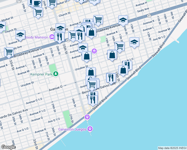 map of restaurants, bars, coffee shops, grocery stores, and more near 1527 22nd Street in Galveston