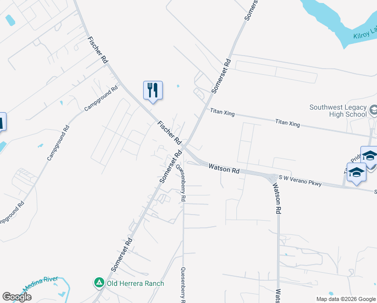 map of restaurants, bars, coffee shops, grocery stores, and more near 13025 Watson Rd in Von Ormy