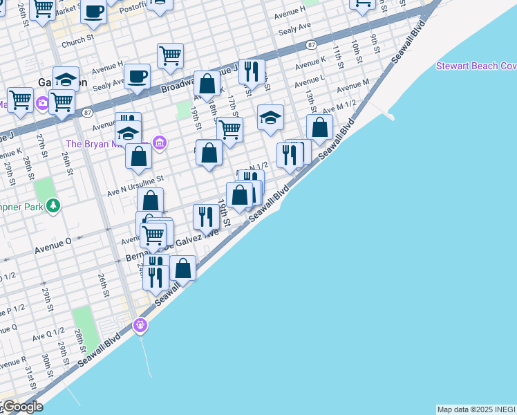 map of restaurants, bars, coffee shops, grocery stores, and more near 1702 Seawall Boulevard in Galveston