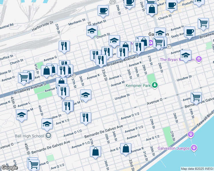 map of restaurants, bars, coffee shops, grocery stores, and more near 3301 Avenue L in Galveston