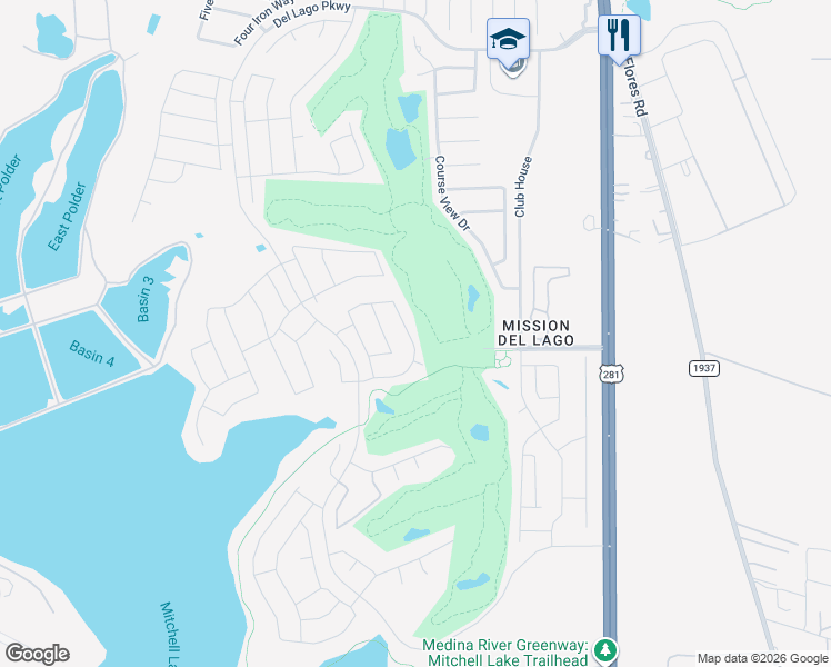 map of restaurants, bars, coffee shops, grocery stores, and more near 1250 Mission Grande in San Antonio