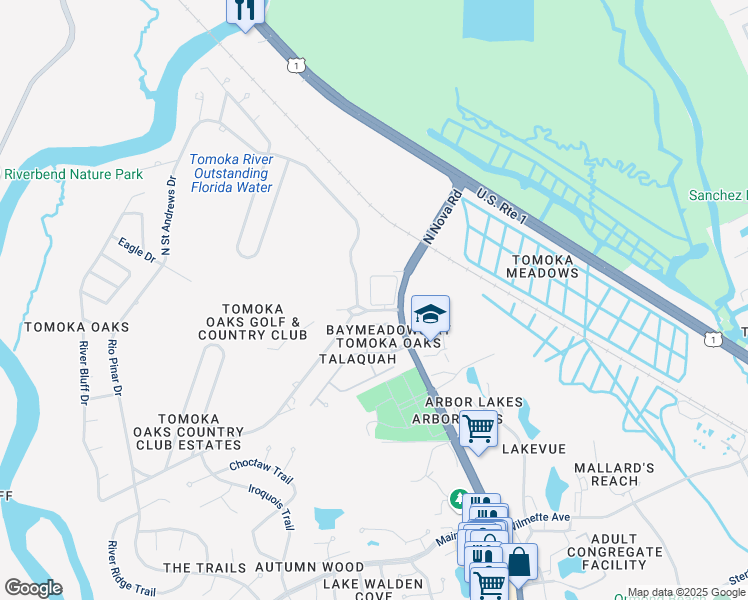 map of restaurants, bars, coffee shops, grocery stores, and more near 1 Tomoka Oaks Boulevard in Ormond Beach