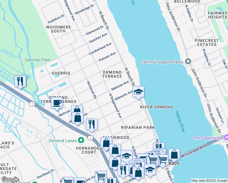 map of restaurants, bars, coffee shops, grocery stores, and more near 88 Melrose Avenue in Ormond Beach