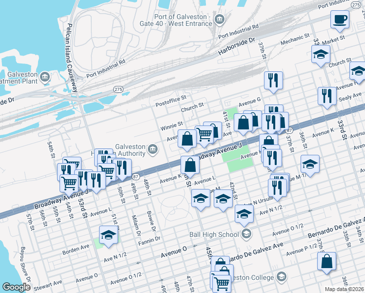 map of restaurants, bars, coffee shops, grocery stores, and more near 816-1/2 Live Oak Circle in Galveston