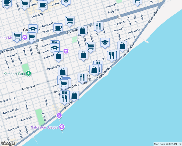 map of restaurants, bars, coffee shops, grocery stores, and more near in Galveston