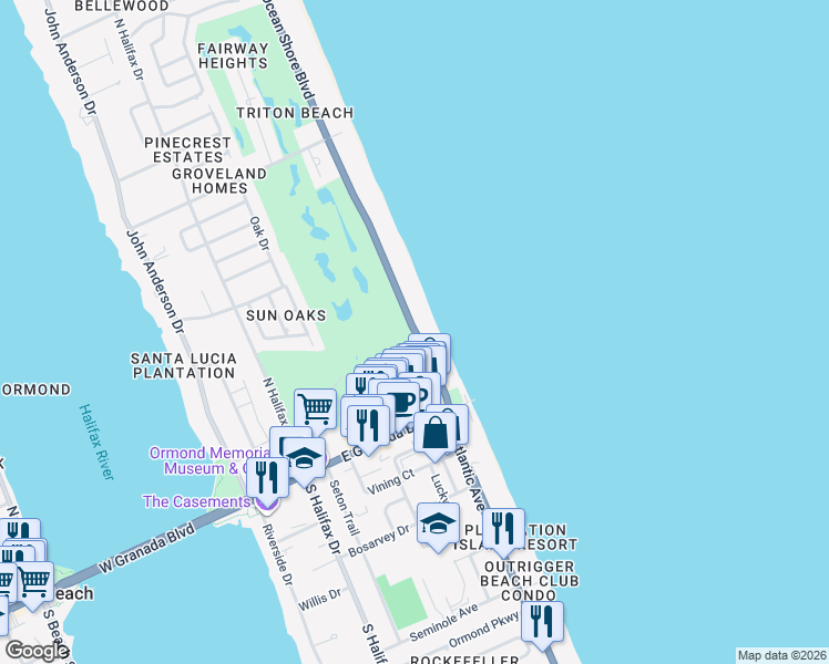 map of restaurants, bars, coffee shops, grocery stores, and more near 104 Ocean Shore Boulevard in Ormond Beach