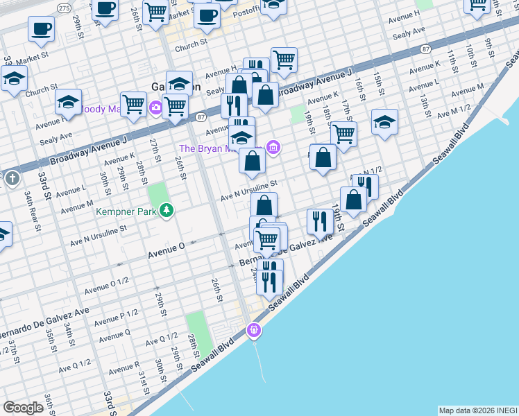 map of restaurants, bars, coffee shops, grocery stores, and more near 1604 23rd Street in Galveston