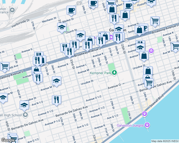 map of restaurants, bars, coffee shops, grocery stores, and more near 1308 31st Street in Galveston