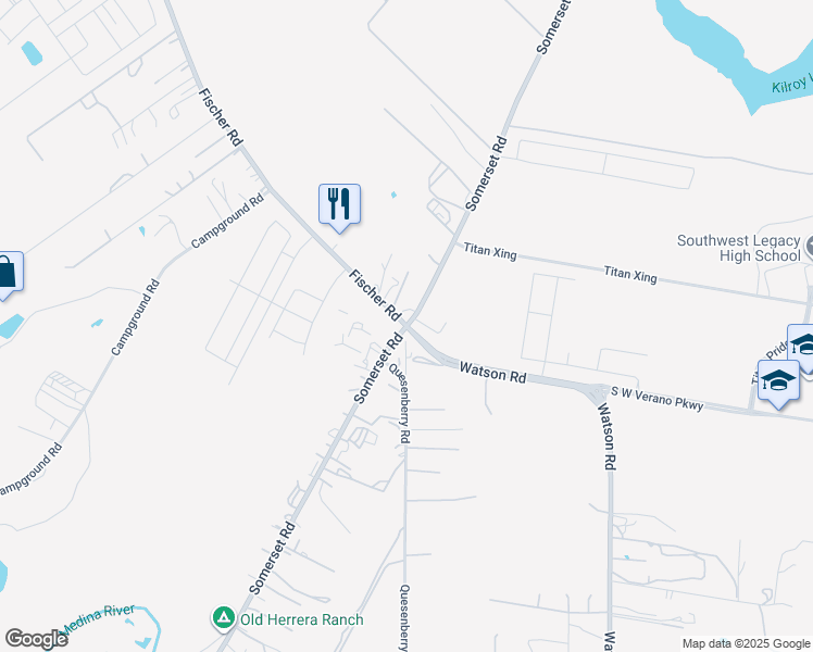 map of restaurants, bars, coffee shops, grocery stores, and more near 12945 Somerset Road in Von Ormy