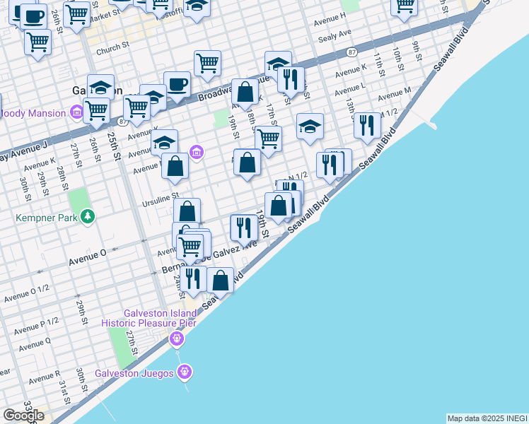 map of restaurants, bars, coffee shops, grocery stores, and more near in Galveston