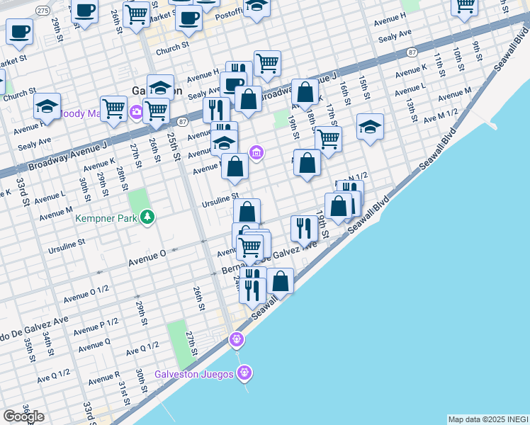 map of restaurants, bars, coffee shops, grocery stores, and more near 1609 21st Street in Galveston