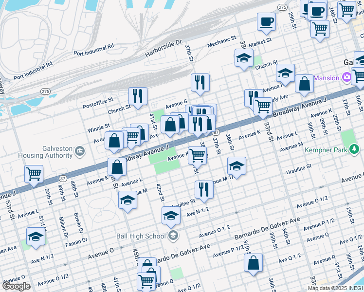 map of restaurants, bars, coffee shops, grocery stores, and more near 3901 Broadway Avenue J in Galveston