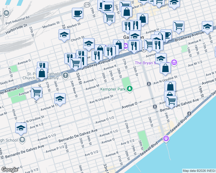 map of restaurants, bars, coffee shops, grocery stores, and more near 2917 Avenue M in Galveston