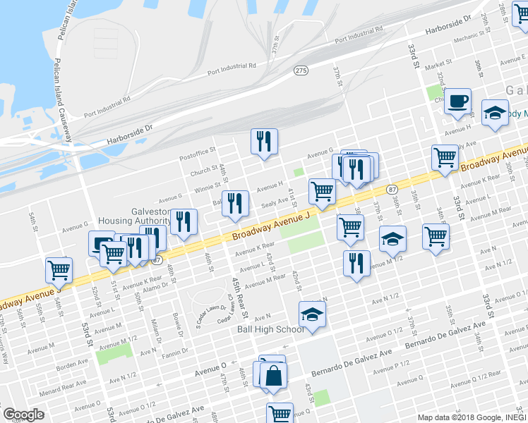 map of restaurants, bars, coffee shops, grocery stores, and more near 4217 Sealy Avenue in Galveston