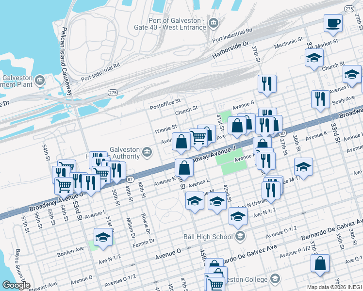 map of restaurants, bars, coffee shops, grocery stores, and more near 816 1/2 Live Oak Circle in Galveston
