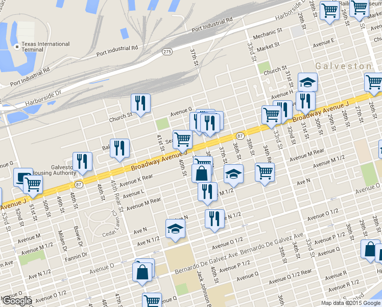 map of restaurants, bars, coffee shops, grocery stores, and more near 3901 Broadway Avenue J in Galveston