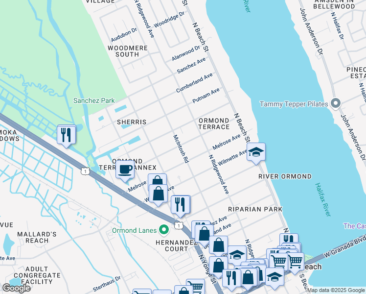 map of restaurants, bars, coffee shops, grocery stores, and more near 435 McIntosh Road in Ormond Beach