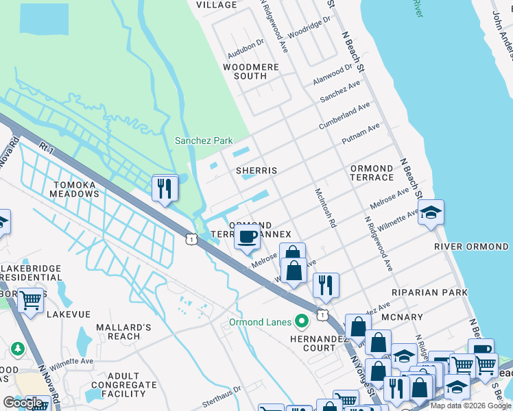 map of restaurants, bars, coffee shops, grocery stores, and more near 509 Andrews Street in Ormond Beach
