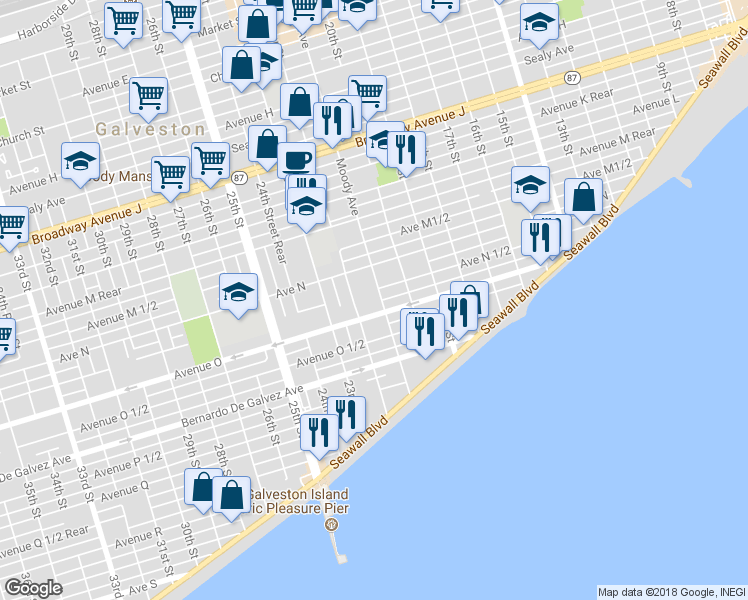 map of restaurants, bars, coffee shops, grocery stores, and more near 1609 21st Street in Galveston