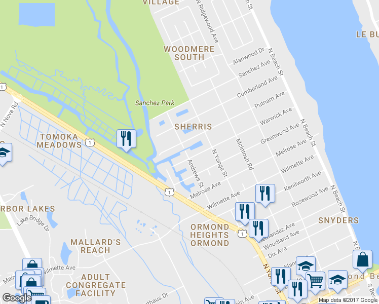 map of restaurants, bars, coffee shops, grocery stores, and more near 509 Andrews St in Ormond Beach