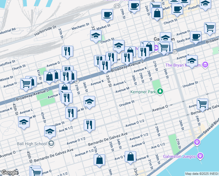 map of restaurants, bars, coffee shops, grocery stores, and more near 3301 Avenue L in Galveston