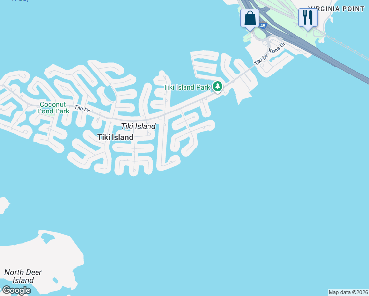 map of restaurants, bars, coffee shops, grocery stores, and more near 115 Quayside Drive in Tiki Island