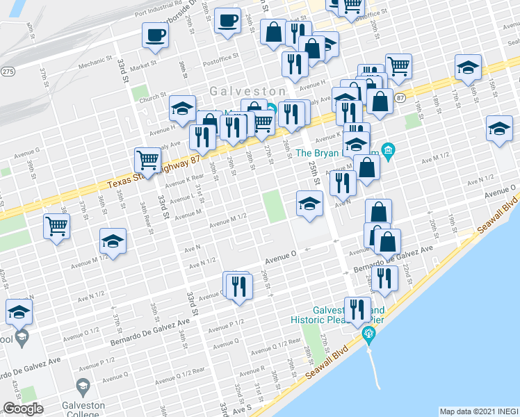 map of restaurants, bars, coffee shops, grocery stores, and more near 2806 Avenue M 1/2 in Galveston