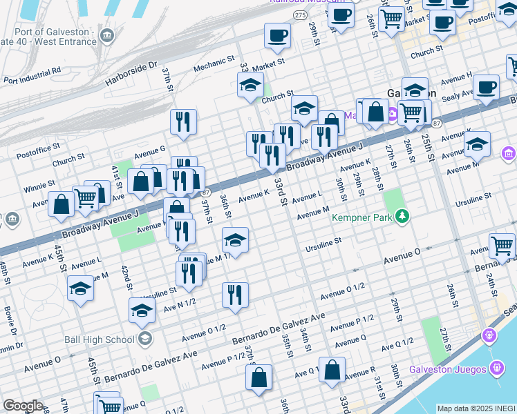 map of restaurants, bars, coffee shops, grocery stores, and more near 3410 Avenue L in Galveston