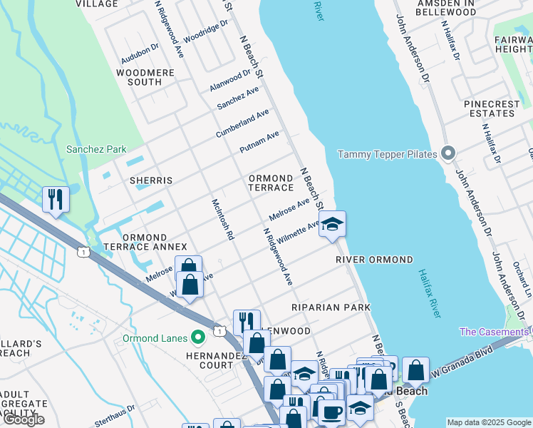 map of restaurants, bars, coffee shops, grocery stores, and more near 88 Melrose Avenue in Ormond Beach