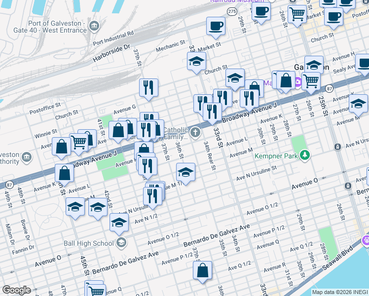 map of restaurants, bars, coffee shops, grocery stores, and more near 3515 Avenue K in Galveston