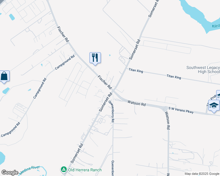 map of restaurants, bars, coffee shops, grocery stores, and more near 12945 Somerset Road in Von Ormy