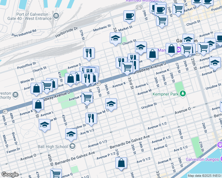 map of restaurants, bars, coffee shops, grocery stores, and more near 3515 Avenue K in Galveston