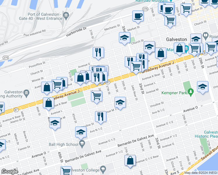 map of restaurants, bars, coffee shops, grocery stores, and more near 1018 37th Street in Galveston