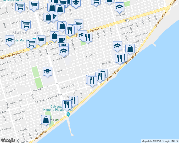 map of restaurants, bars, coffee shops, grocery stores, and more near 1614 20th Street in Galveston