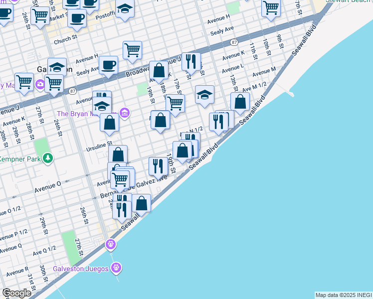 map of restaurants, bars, coffee shops, grocery stores, and more near 1717 Avenue O in Galveston